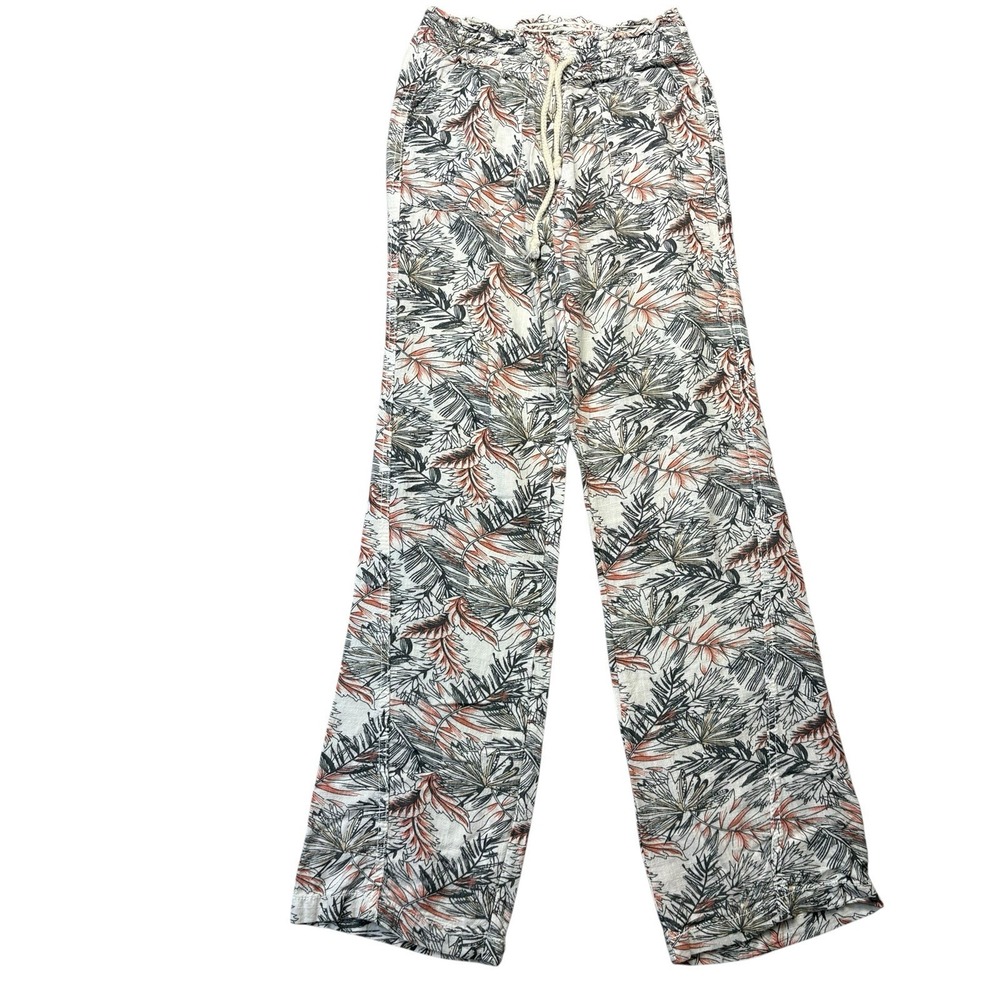 Cali 1850 Womens Pants XS White Leaf Print Straight Leg Mid Rise Linen Beachy